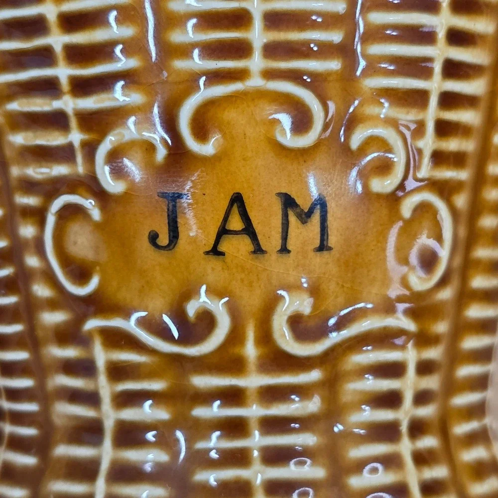 Vintage 1950s Rooster Jam Jar Basket Weave Wicker‎ Japan Brown Ceramic